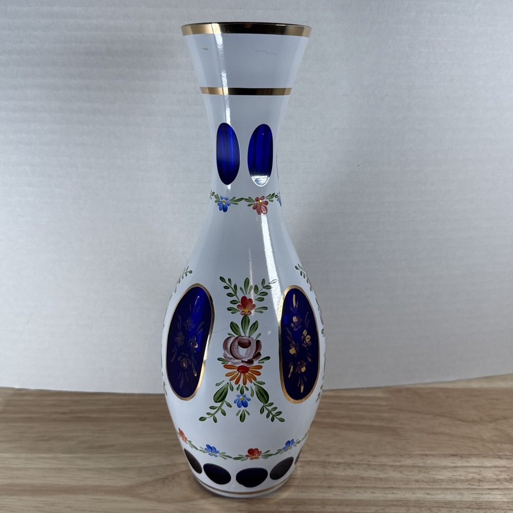 Vintage LAUSITZER Glass White cut to Cobalt Blue Hand Painted BOTTLE Vase Jug